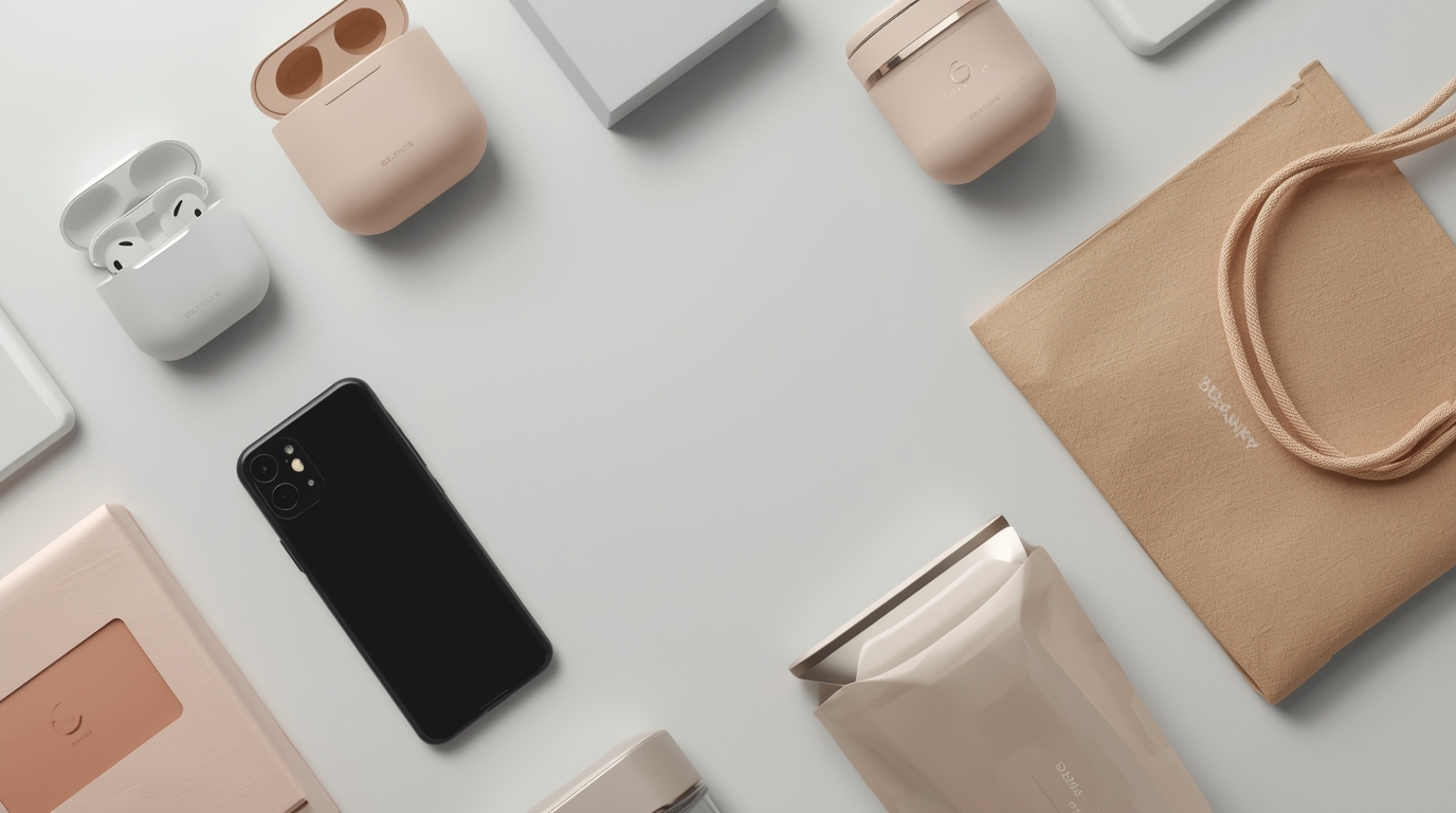Lucid_Origin_Minimalist_flatlay_of_modern_consumer_goods_inclu_0